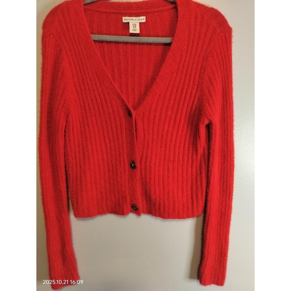 Sincerely Jules Womens Medium Redâ Cardigan Sweater Button Front Knit Ribbed